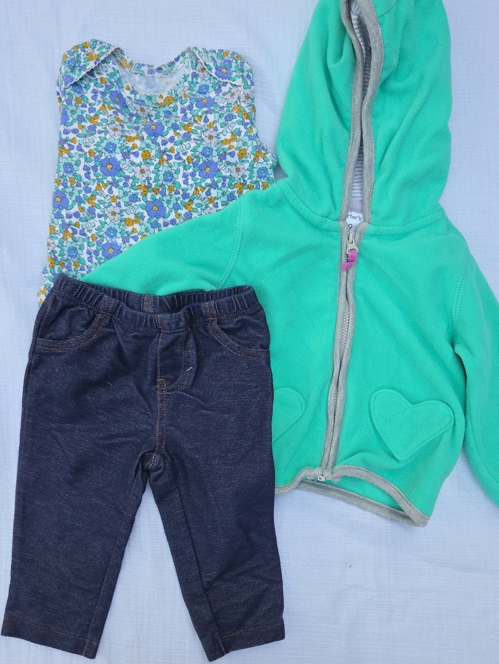 Carter's Green/Blue Floral Top, Hooded Jacket & Dark Denim Leggings Set (9 Mo)